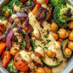 Roasted veggie chickpea bowls topped with maple Dijon tahini dressing.