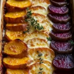 Delicious root vegetable gratin featuring sweet potatoes, parsnips, and beets