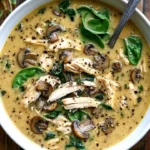 Bowl of rotisserie chicken mushroom soup with spinach, garnished and steaming.