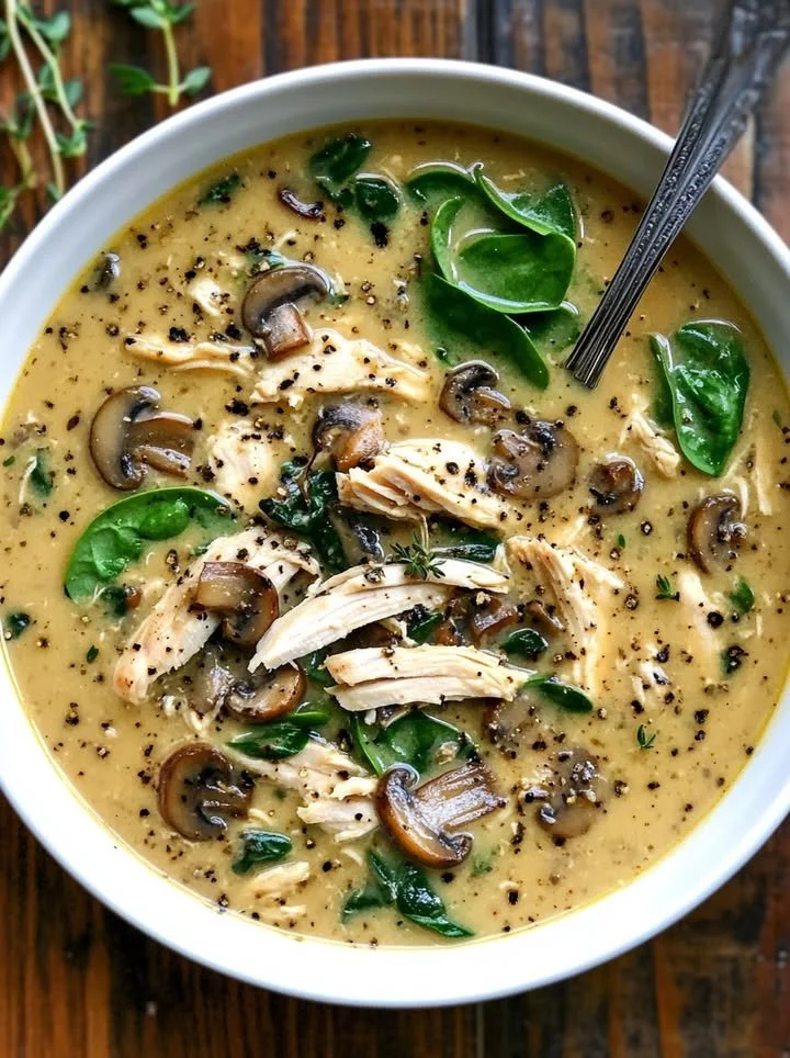 Bowl of rotisserie chicken mushroom soup with spinach, garnished and steaming.