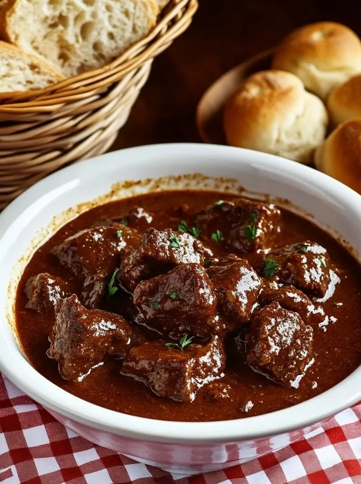 Delicious rustic beef stew with tender meat and fresh vegetables