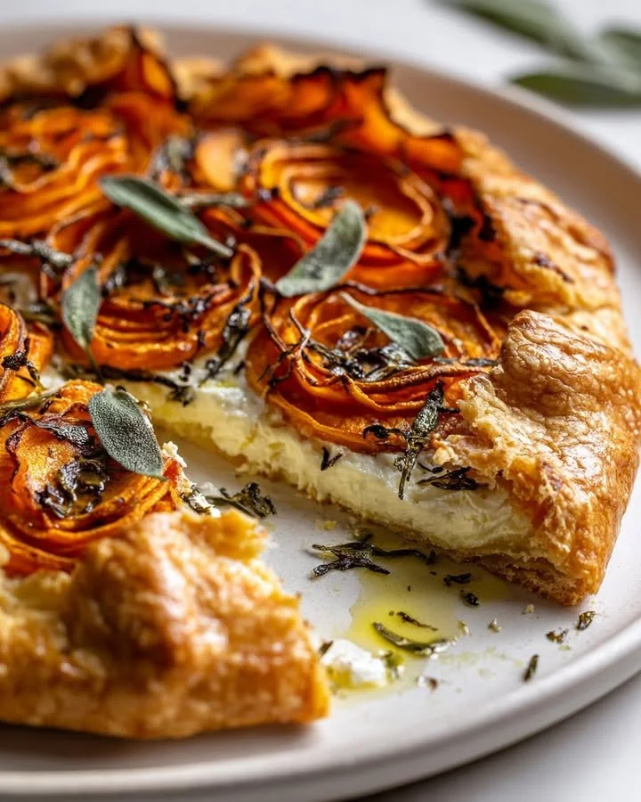 Delicious rustic sweet potato galette topped with herbs and spices.