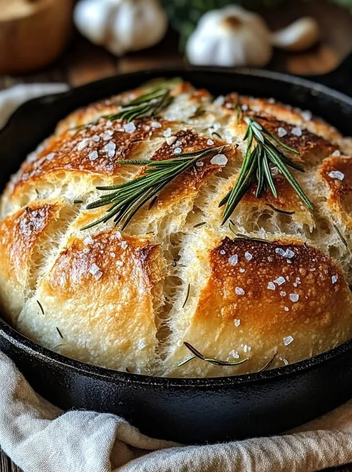 Freshly baked Rustic Garlic Rosemary Skillet Bread in a cast iron skillet