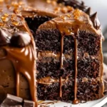 Delicious Salted Caramel Chocolate Cake with chocolate ganache and caramel drizzle