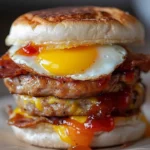 Sausage Egg And Cheese Sandwich with Grape Jelly served on a breakfast plate