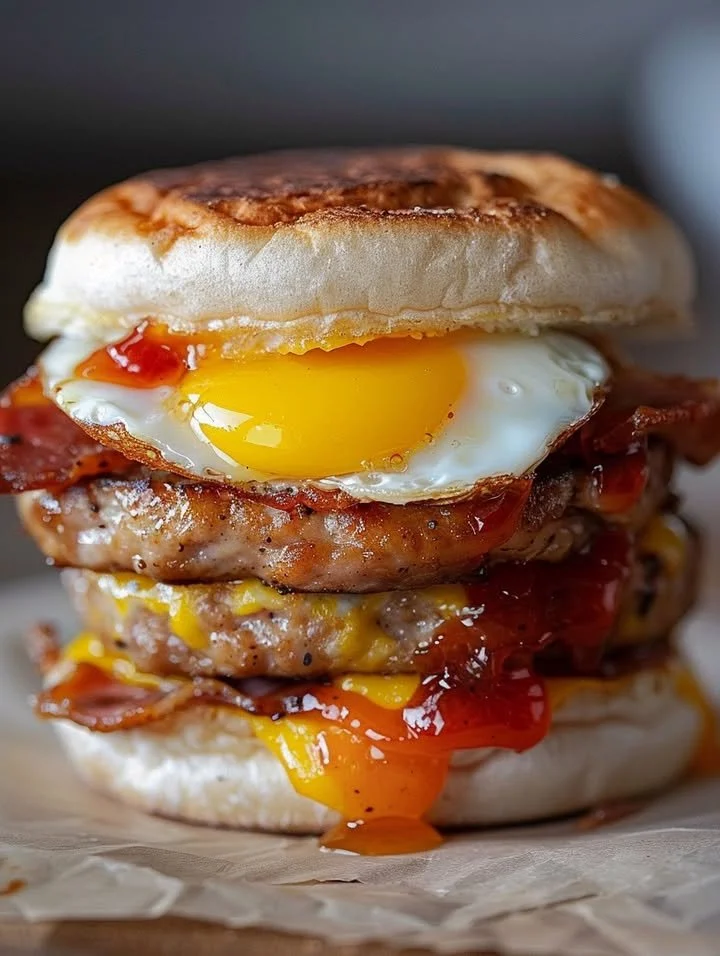 Sausage Egg And Cheese Sandwich with Grape Jelly served on a breakfast plate