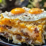 Sausage, Egg, and Cream Cheese Hashbrown Casserole in a baking dish