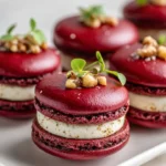 Savory beet macarons with goat cheese filling and walnut topping