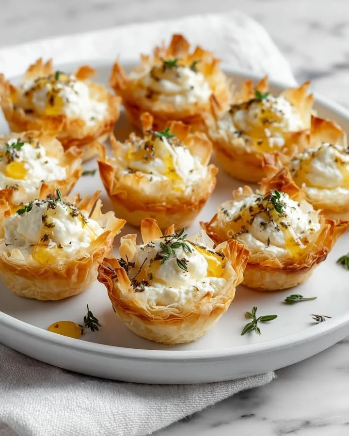 Savory lavender honey cheesecake bites with a feta crust on a decorative plate.