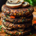 Savory mushroom lentil burgers served on a wooden platter with fresh greens.