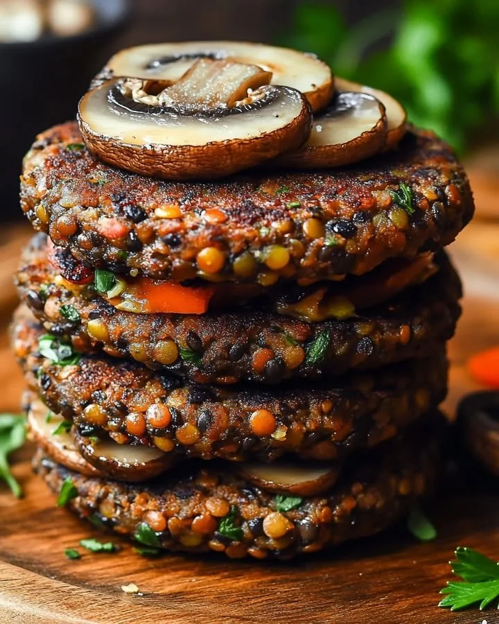 Savory mushroom lentil burgers served on a wooden platter with fresh greens.