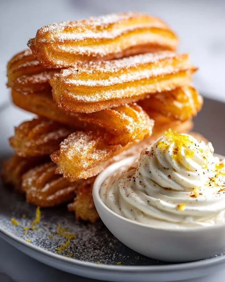 Savory Parmesan churros served with whipped burrata dip for a tasty snack.