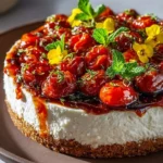Savory tomato cheesecake topped with creamy burrata for a gourmet dessert.