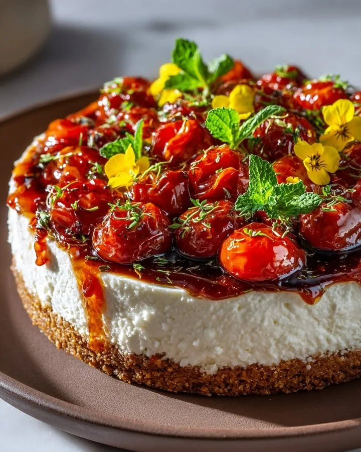 Savory tomato cheesecake topped with creamy burrata for a gourmet dessert.