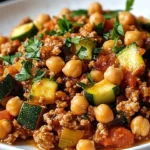 Savory Turkey Zucchini Skillet with chickpeas in a colorful dish