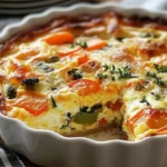 Savory vegetable and cheese egg bake served in a dish with fresh herbs