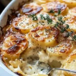Creamy scalloped potatoes with Gruyere and cheddar cheese baked to perfection