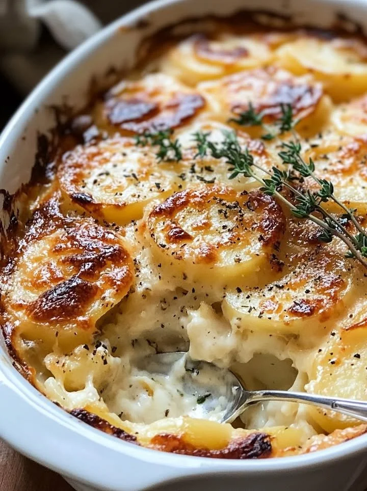 Creamy scalloped potatoes with Gruyere and cheddar cheese baked to perfection