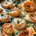 Scallops and shrimp in creamy sun-dried tomato sauce served in a bowl.
