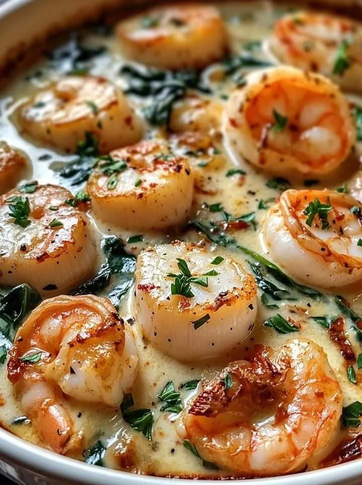 Scallops and shrimp in creamy sun-dried tomato sauce served in a bowl.