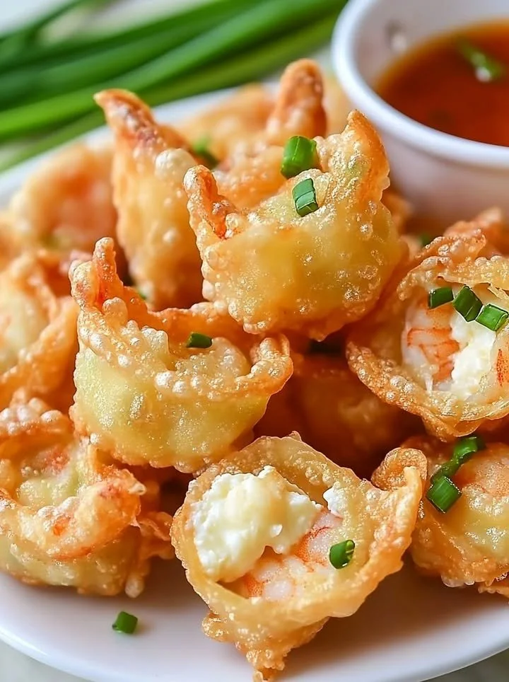 Crispy shrimp and cream cheese wontons on a platter