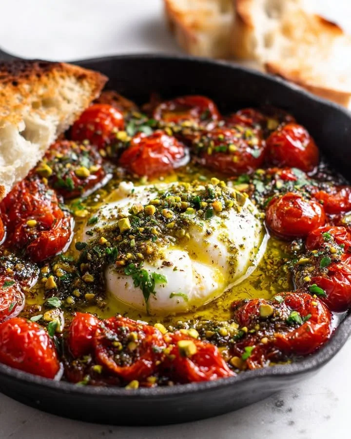 Skillet-baked burrata with blistered tomatoes and pistachio pesto oil