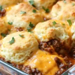 Sloppy Joe Biscuit Casserole topped with melted cheese and herbs