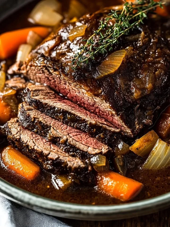 Slow-cooked pot roast with carrots and potatoes in a serving dish