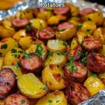 Smoked sausage and potatoes dish garnished with herbs on a plate