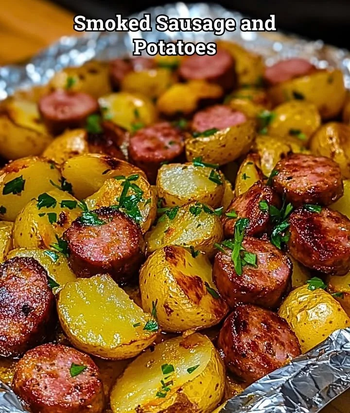 Smoked sausage and potatoes dish garnished with herbs on a plate