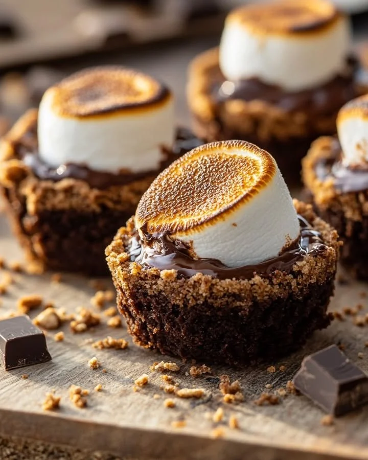 Delicious S'mores Brownie Cups topped with marshmallows and chocolate
