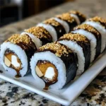 Delicious S'mores Sushi with chocolate, marshmallows, and graham cracker layers.