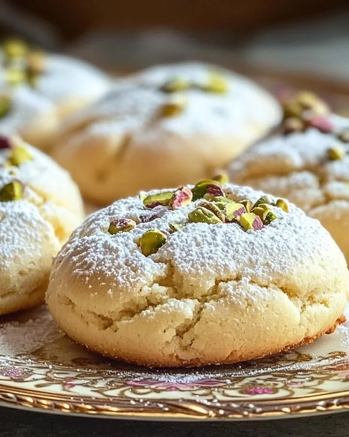 Delicious soft ricotta pistachio pillow cookies on a plate
