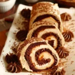 Spiced Apple Caramel Cake Roll topped with delicious caramel sauce
