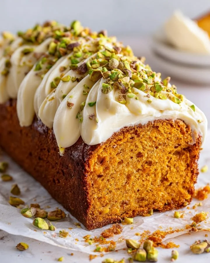 Spiced sweet potato loaf with cream cheese and pistachio topping on a rustic wooden table.
