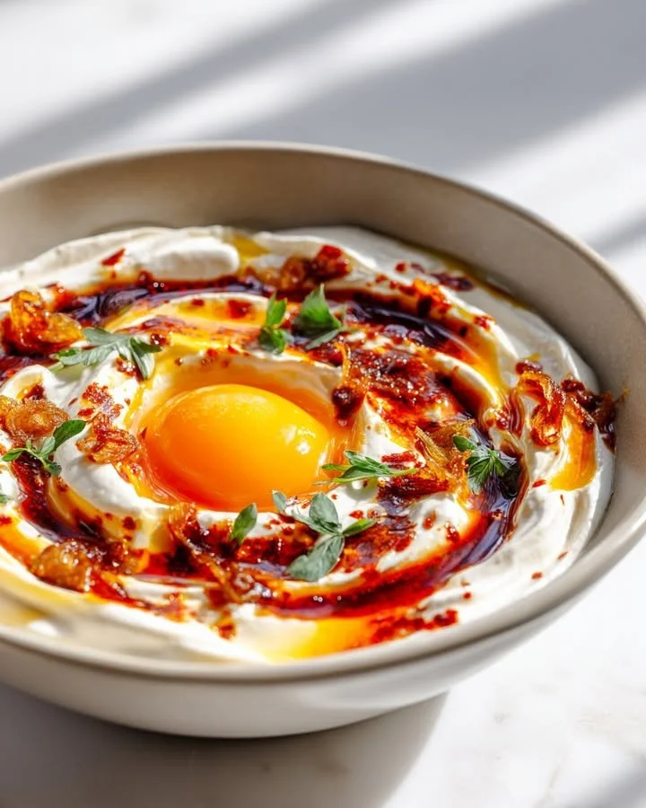 Spicy Butter Yogurt Bowl with crispy shallots and a 7-minute egg