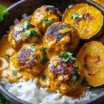 Plate of spicy chicken meatballs with acorn squash and coconut sauce