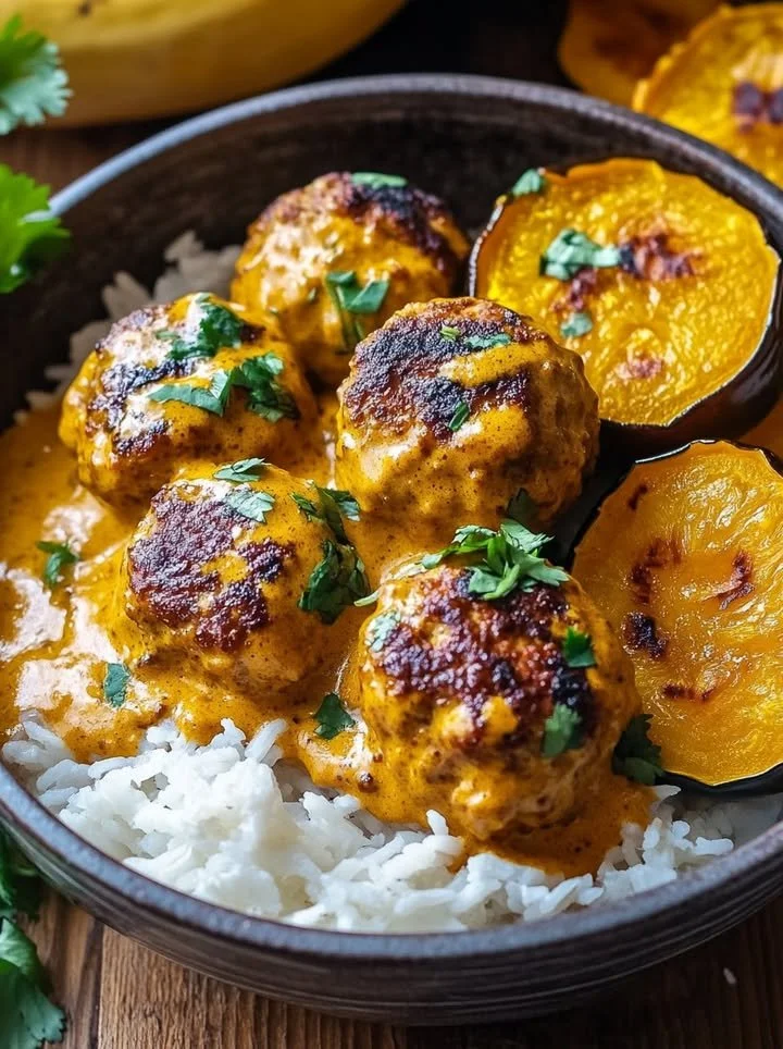 Plate of spicy chicken meatballs with acorn squash and coconut sauce
