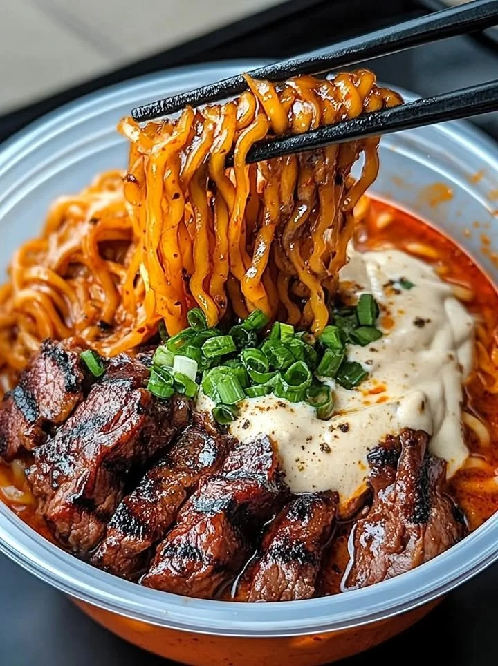 Spicy Korean ramen topped with grilled beef in a creamy sauce