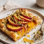 Spicy Peach Galette topped with Pistachio Crunch on a wooden table.
