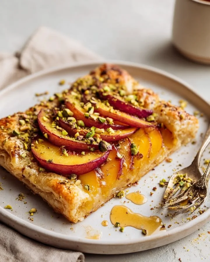 Spicy Peach Galette topped with Pistachio Crunch on a wooden table.