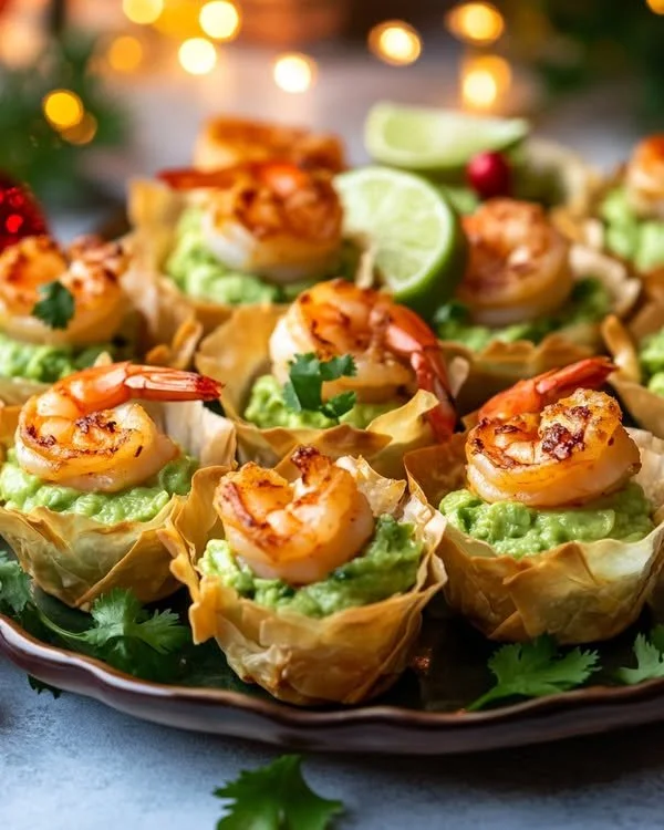 Spicy shrimp and avocado phyllo cups served on a platter