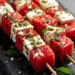 Spicy watermelon feta skewers with mint-chili syrup ready to serve