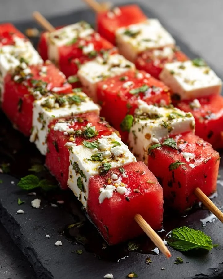 Spicy watermelon feta skewers with mint-chili syrup ready to serve