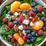 Salad with spinach, blueberries, raspberries, mandarin oranges, pecans, feta, and honey-balsamic dressing