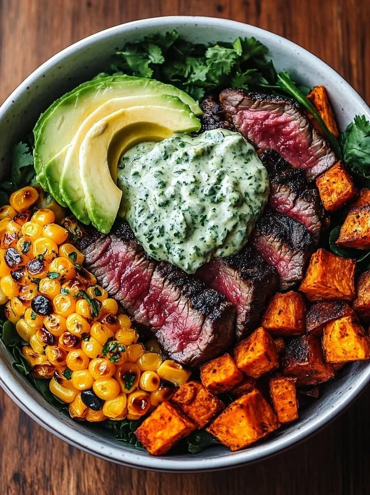 Steak Bowl with avocado, roasted corn, and cilantro cream sauce