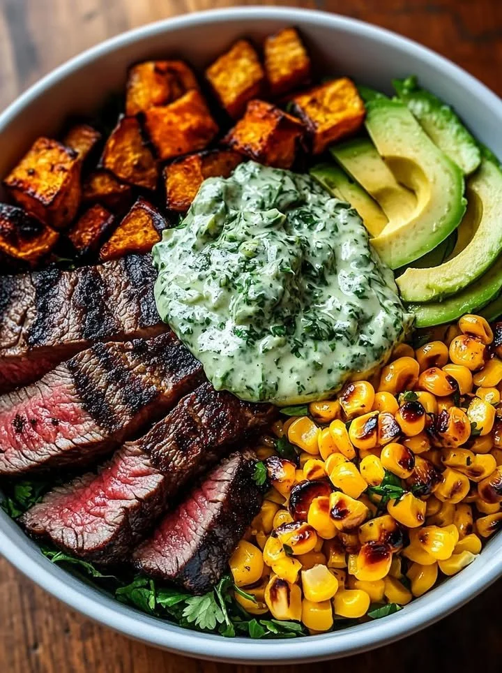 Steak Bowl featuring avocado, roasted corn, and cilantro cream sauce