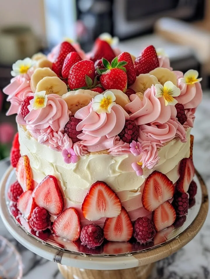 Strawberry and Banana Fairy Tale Cake beautifully decorated and ready to serve.