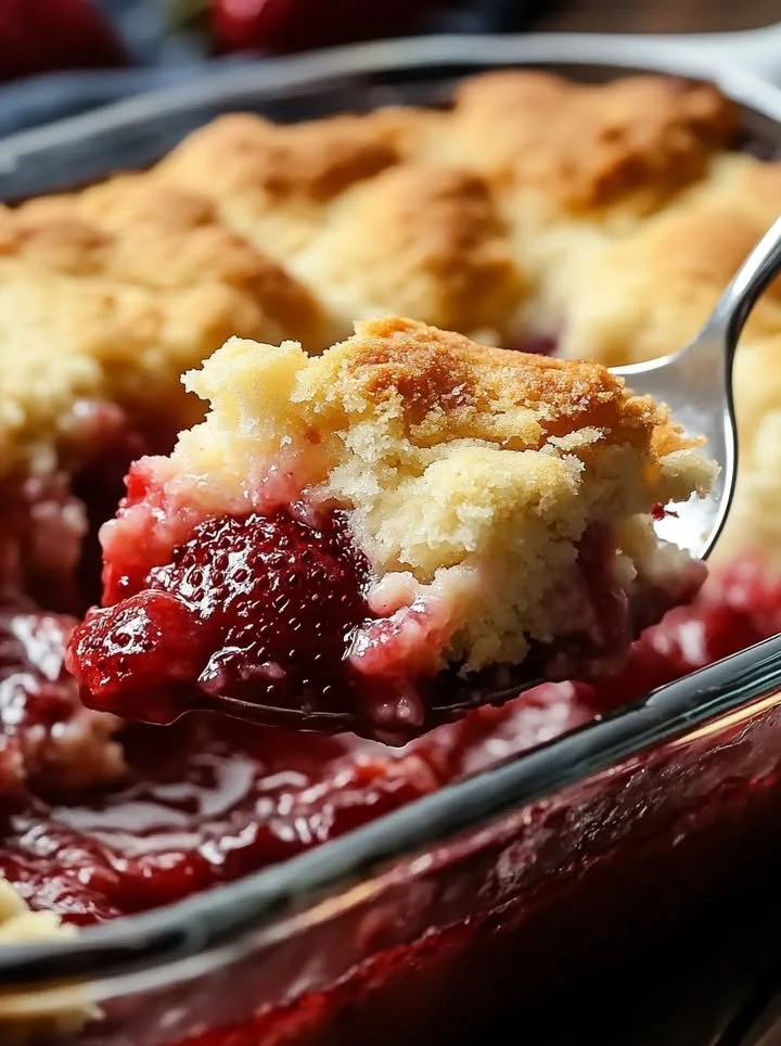 Delicious strawberry cheesecake dump cake with fresh strawberries and creamy cheesecake layer.