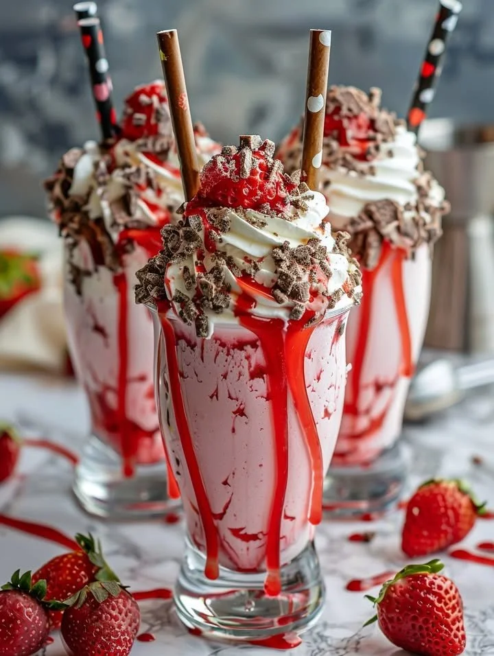 Strawberry Cheesecake Freakshake topped with whipped cream and a strawberry garnish